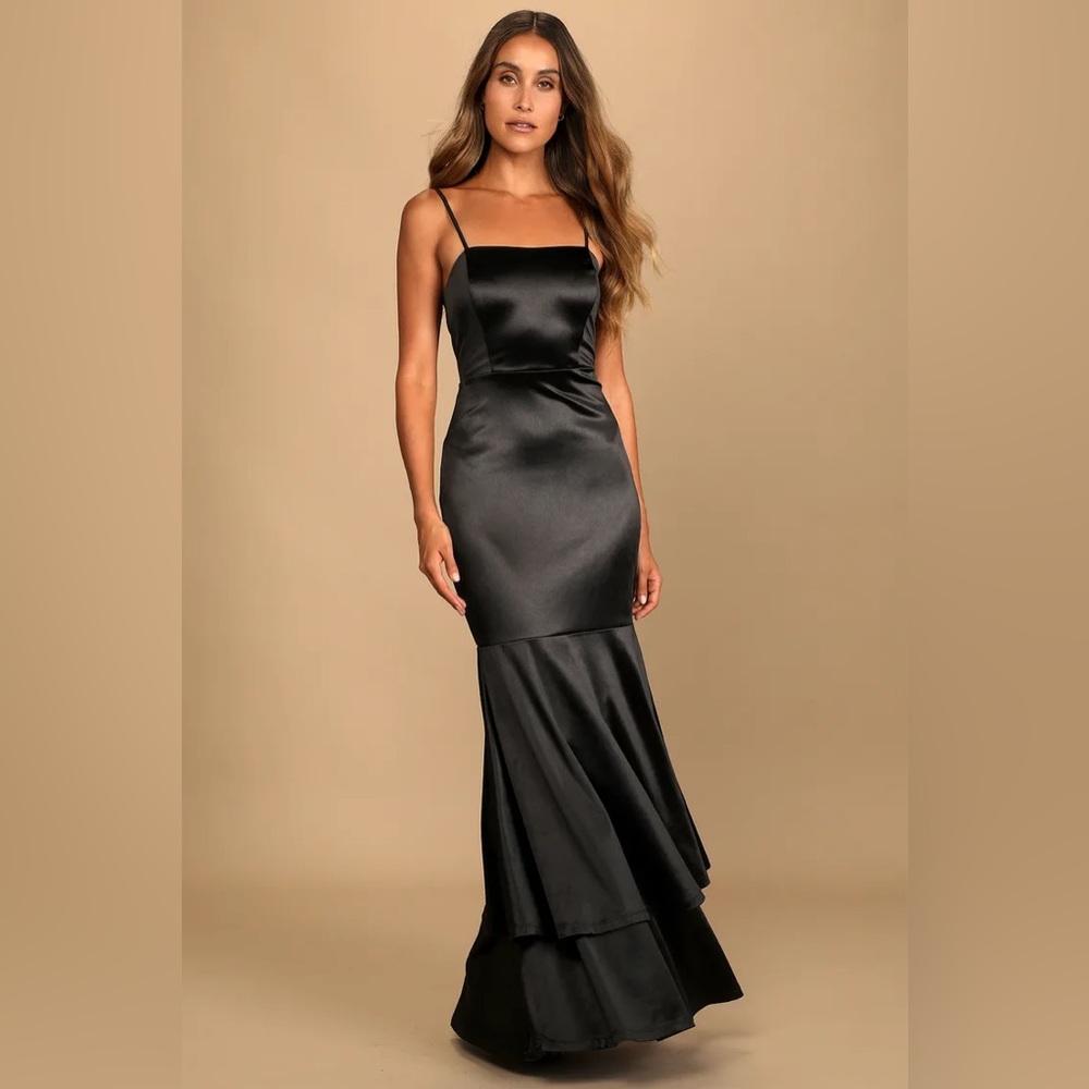 Lulus Contemporary Romance Black Satin Tiered Mermaid Maxi Dress